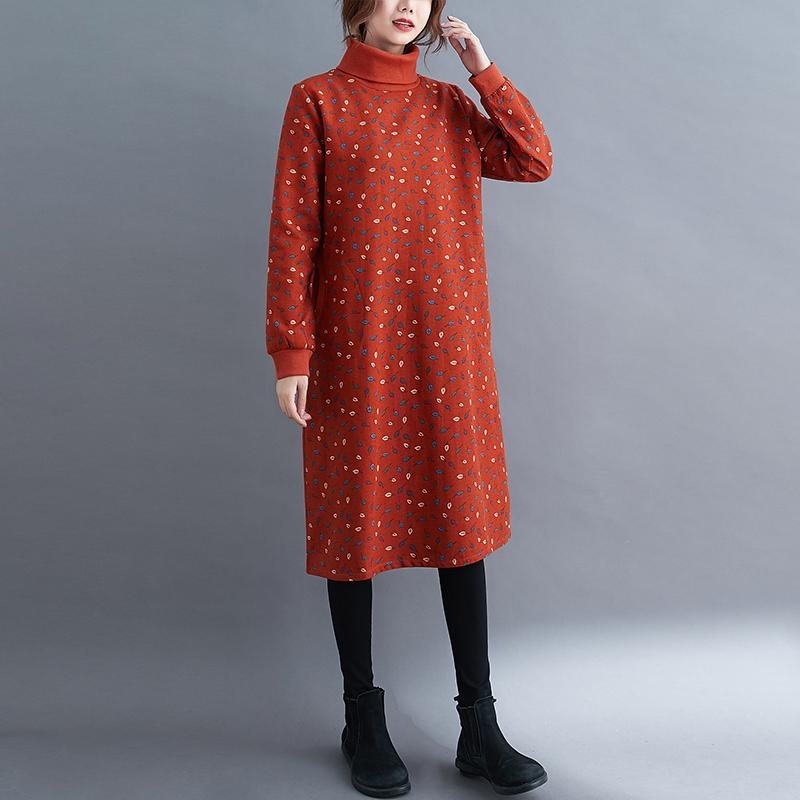 Høst Vinter Retro Print Turtleneck Plysjkjole