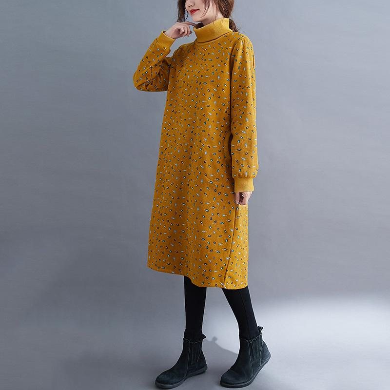Høst Vinter Retro Print Turtleneck Plysjkjole