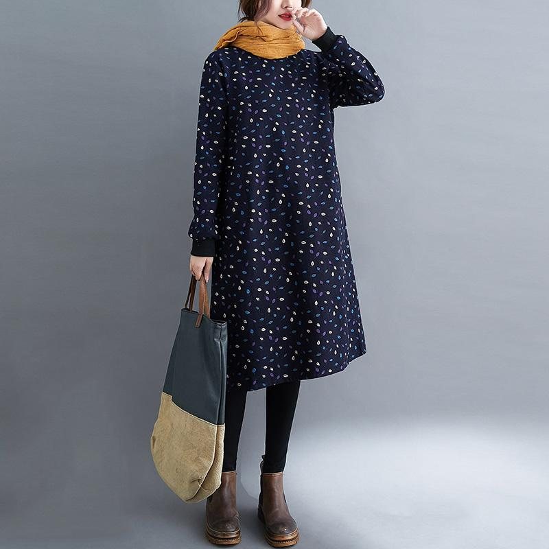 Høst Vinter Retro Print Turtleneck Plysjkjole
