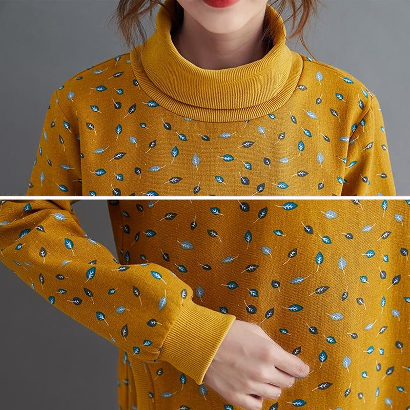 Høst Vinter Retro Print Turtleneck Plysjkjole