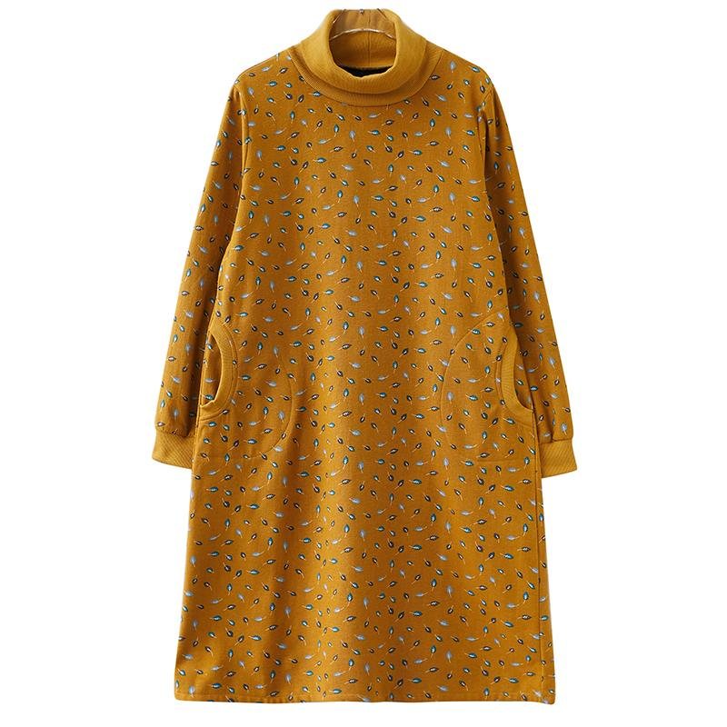 Høst Vinter Retro Print Turtleneck Plysjkjole