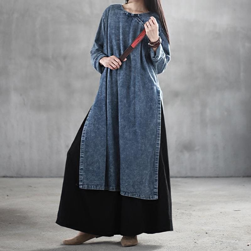 Kinesisk Stil Denim Retro Large Size Spenne Langermet Kjole