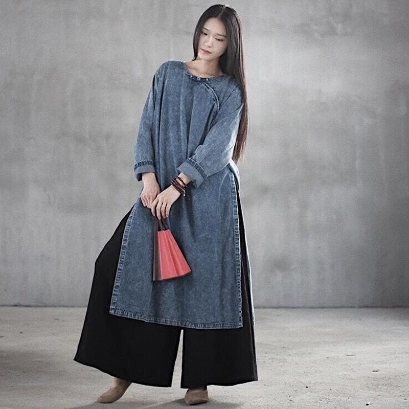 Kinesisk Stil Denim Retro Large Size Spenne Langermet Kjole