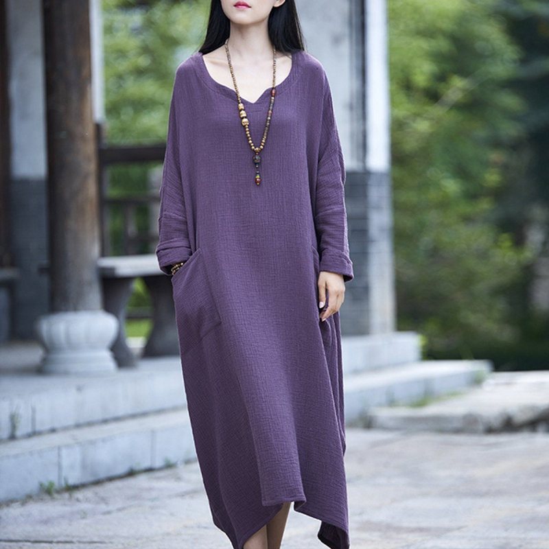 Kvinner Solid Casual Store Lommer Løse Maxi Langermet Kjole