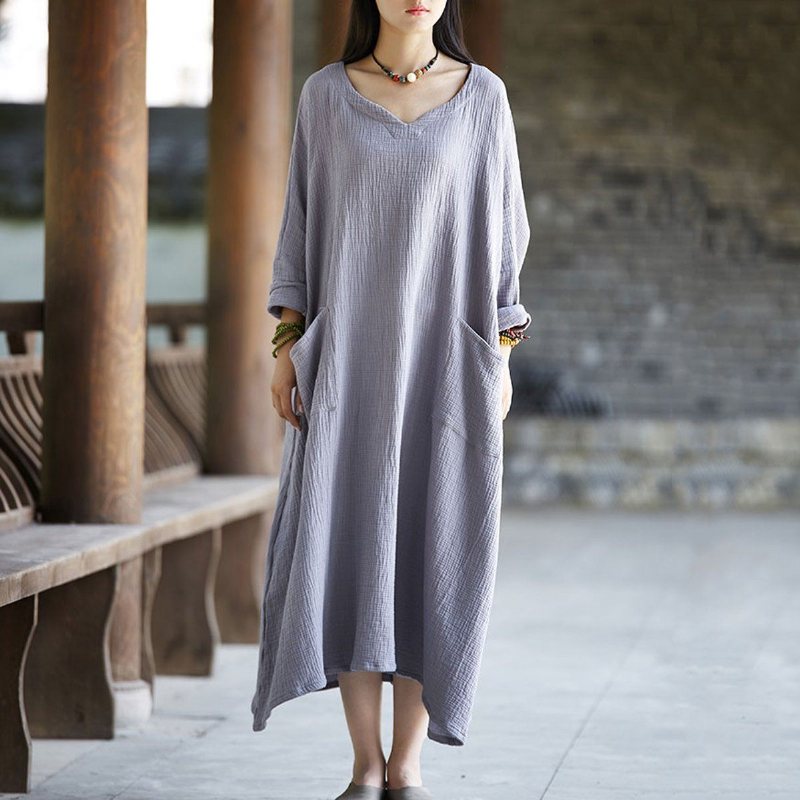 Kvinner Solid Casual Store Lommer Løse Maxi Langermet Kjole