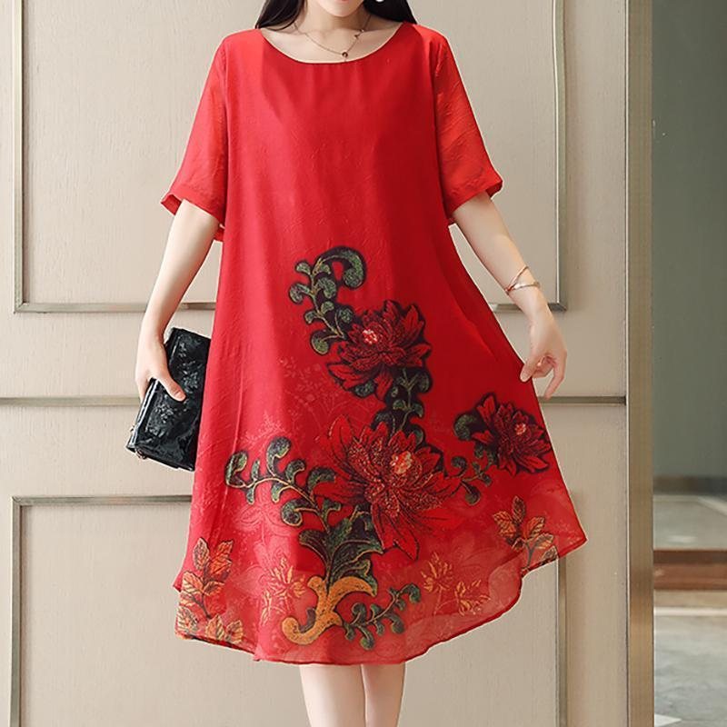 Kvinner Sommer Etnisk Floral Midi Kortermet Kjole