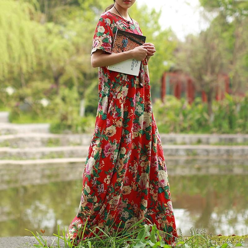 Kvinner Summer Floral Kortermet Kjole
