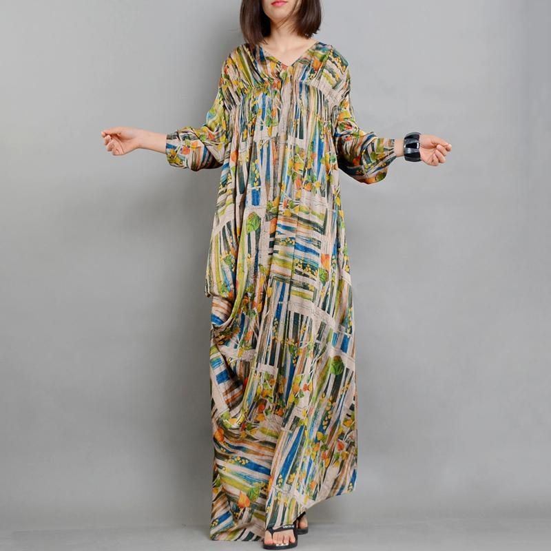 Kvinner V-hals Rynket Bladtrykt Casual Sommer Maxi Kjole
