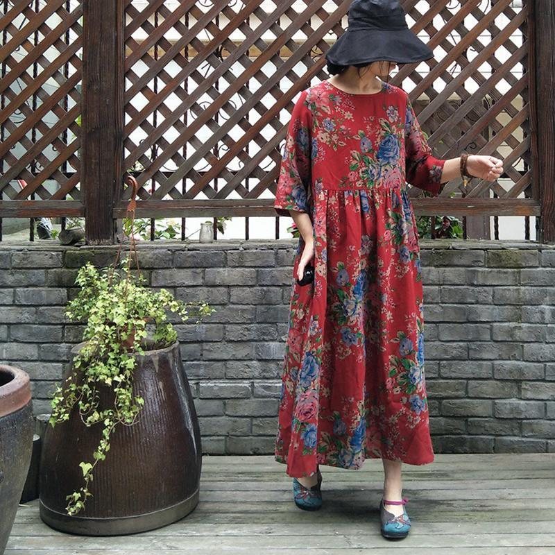 Kvinners Vintage Blomstertrykk Maxi Langermet Kjole