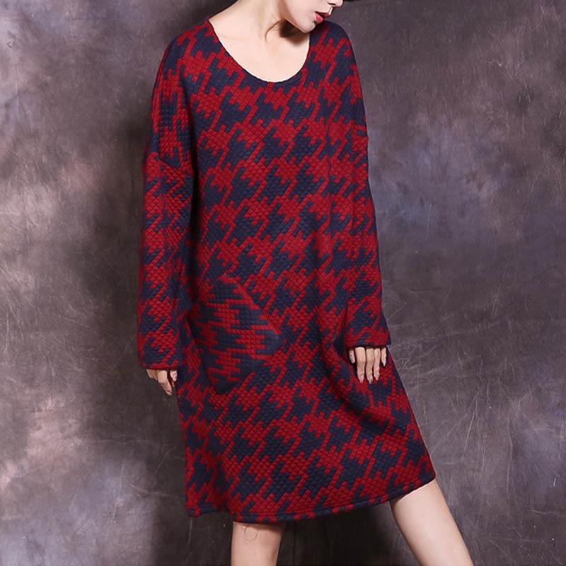 Løs Rund Hals Høst Printed Cotton Lin Mini Dress