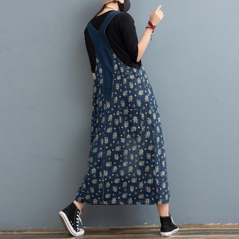 Mellomlang Retro Løs Denim Strap Kjole