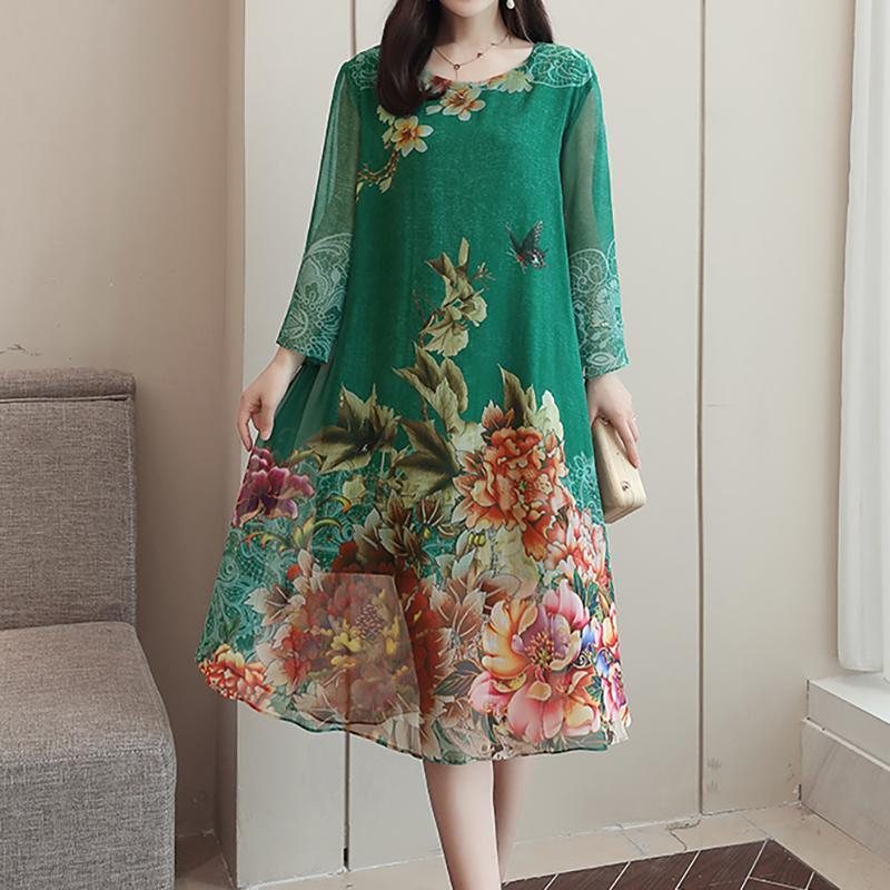 Midi Maxi-kjole Med Blomstertrykk Med Lange Ermer
