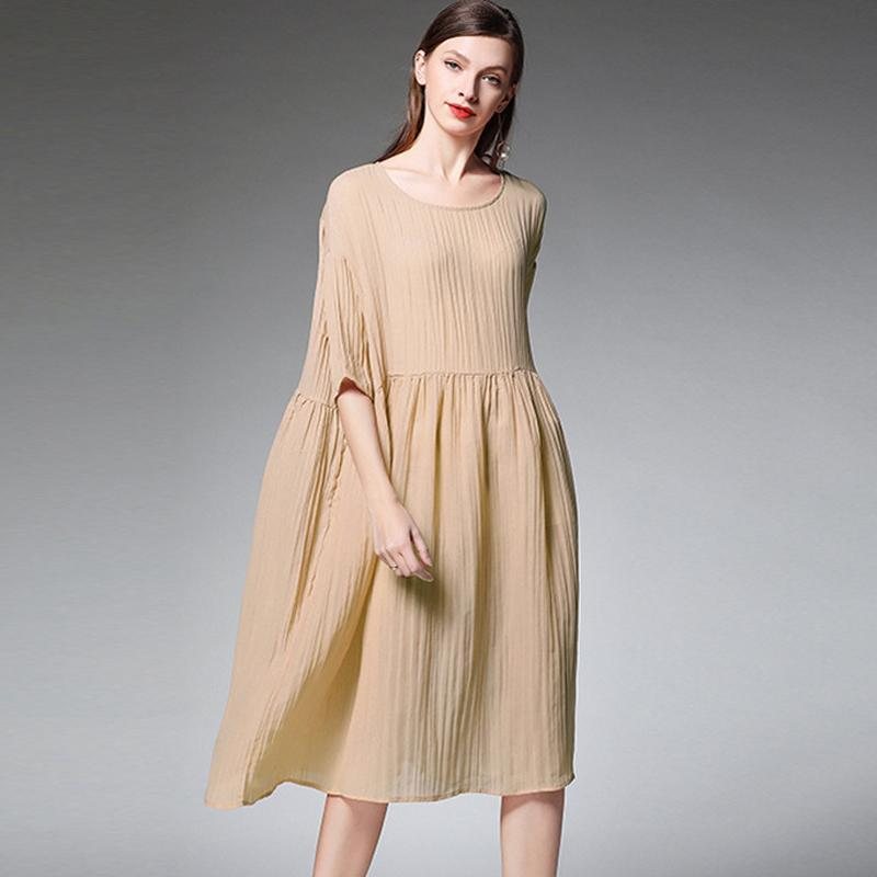 Plus Size Kvinne Plissert Ensfarget Midi-kjole