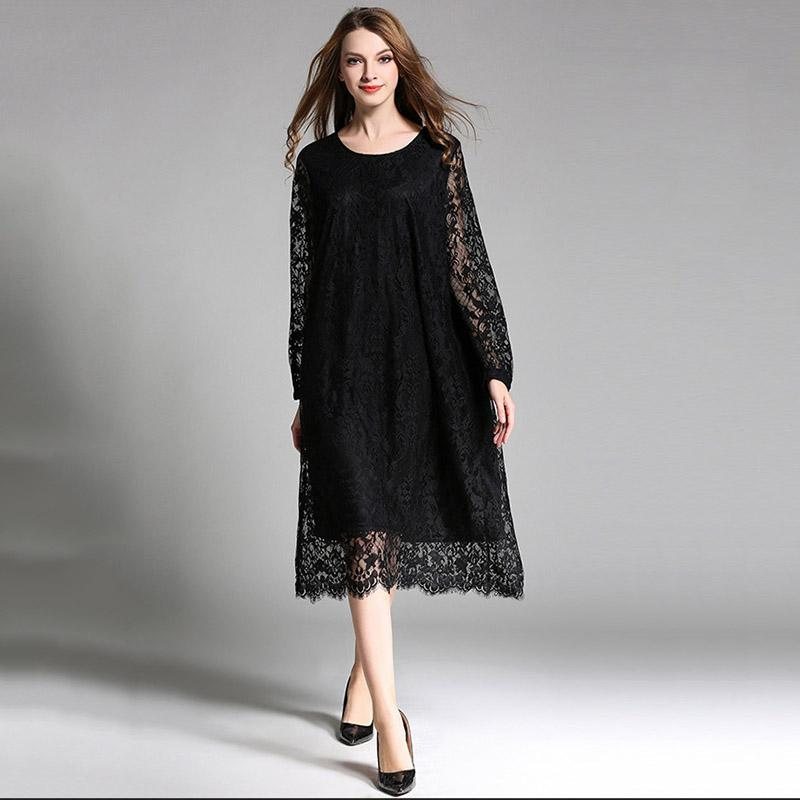 Plus Size Løs Blondekjole For Kvinner Svart Xl-4xl