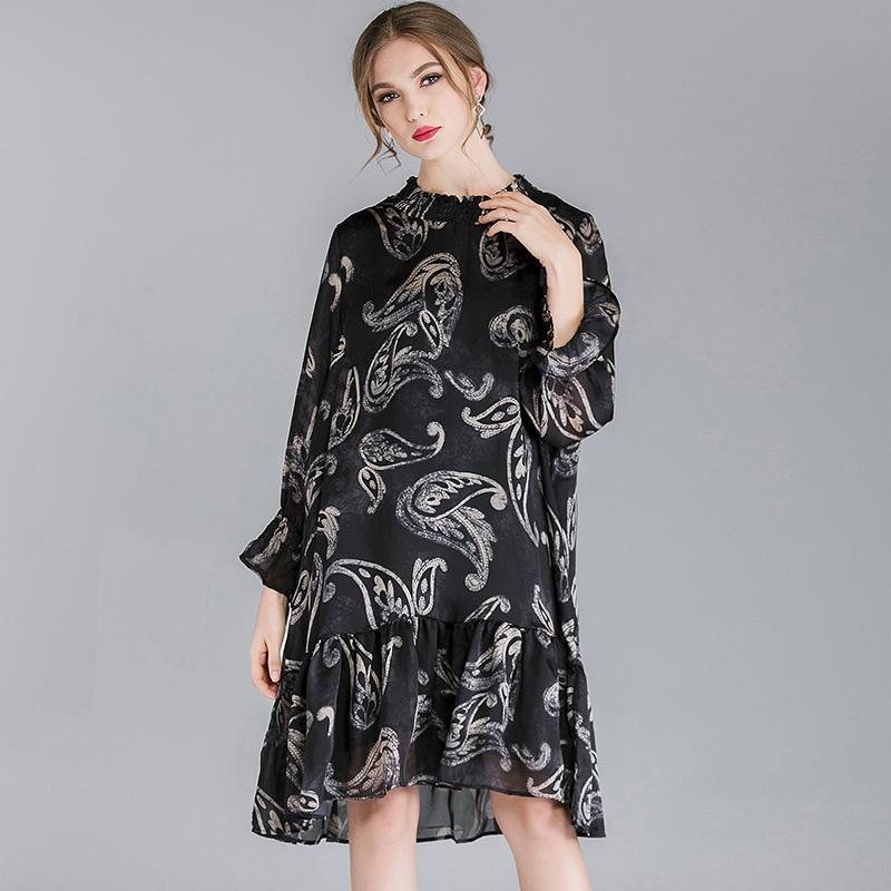 Plus Size Print Gambiered Silk Langermet Kjole