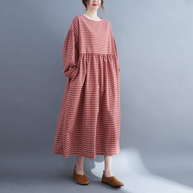 Plus Size Retro Rutet Vårkjole I Bomull