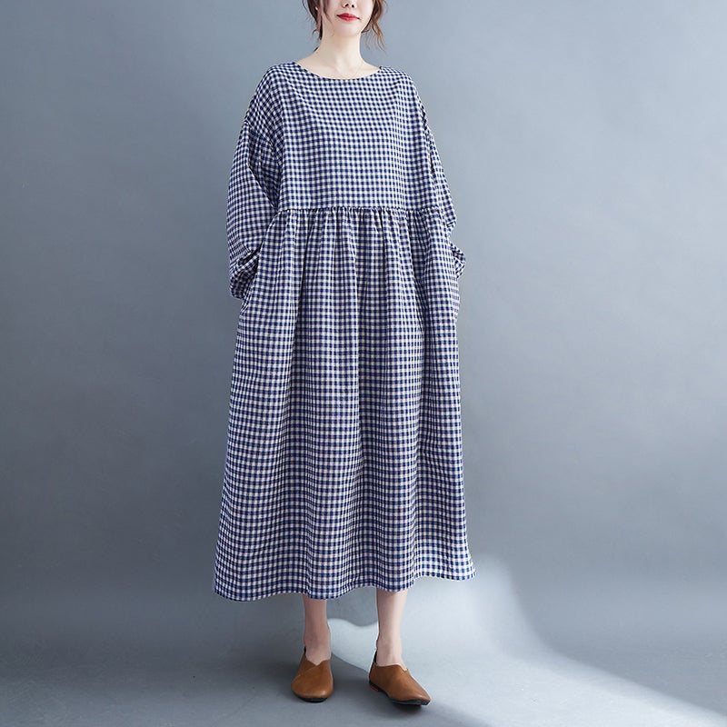 Plus Size Retro Rutet Vårkjole I Bomull