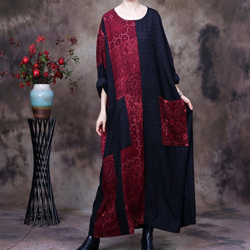 Plus Size Vår Høst Vintage Patchwork Bomull Lin Kjole