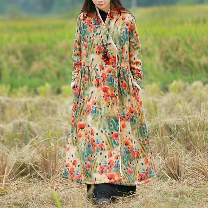 Plus Size Vinter Tykk Pels Retro Floral Printed Linen Dress