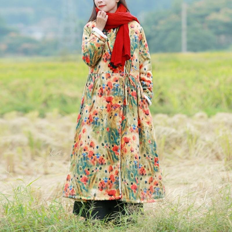 Plus Size Vinter Tykk Pels Retro Floral Printed Linen Dress