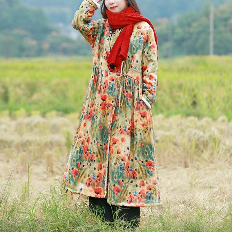 Plus Size Vinter Tykk Pels Retro Floral Printed Linen Dress