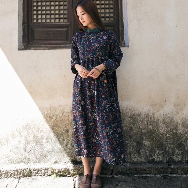 Print Samlet Vintage Surplice Løs Langermet Kjole