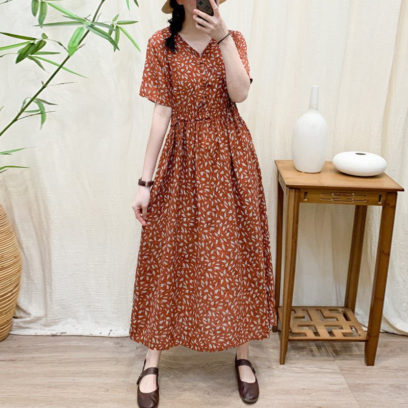 Retro Casual Bomull Lin Floral V-hals Sommerkjole