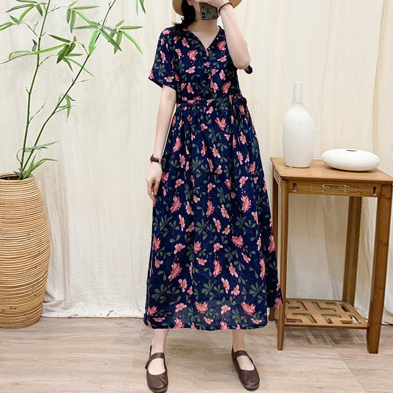 Retro Casual Bomull Lin Floral V-hals Sommerkjole