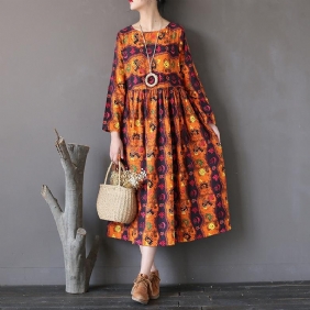 Retro Løs Totem Print Cotton Linen Dress
