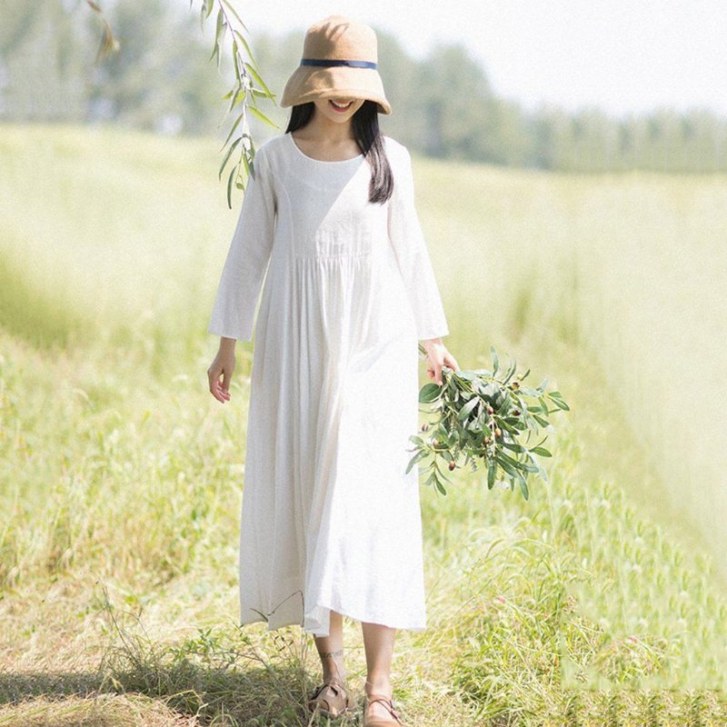 Rural Style Fashion Hvit Lin Langermet Kjole