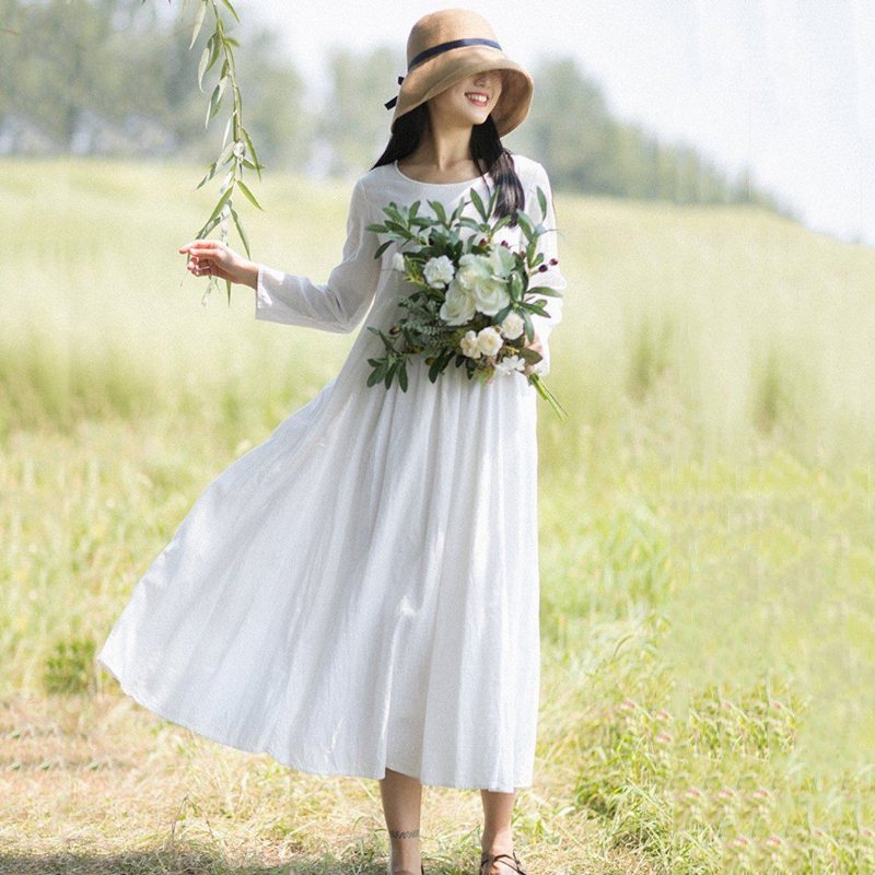 Rural Style Fashion Hvit Lin Langermet Kjole