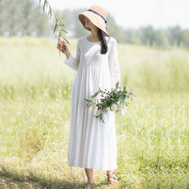 Rural Style Fashion Hvit Lin Langermet Kjole
