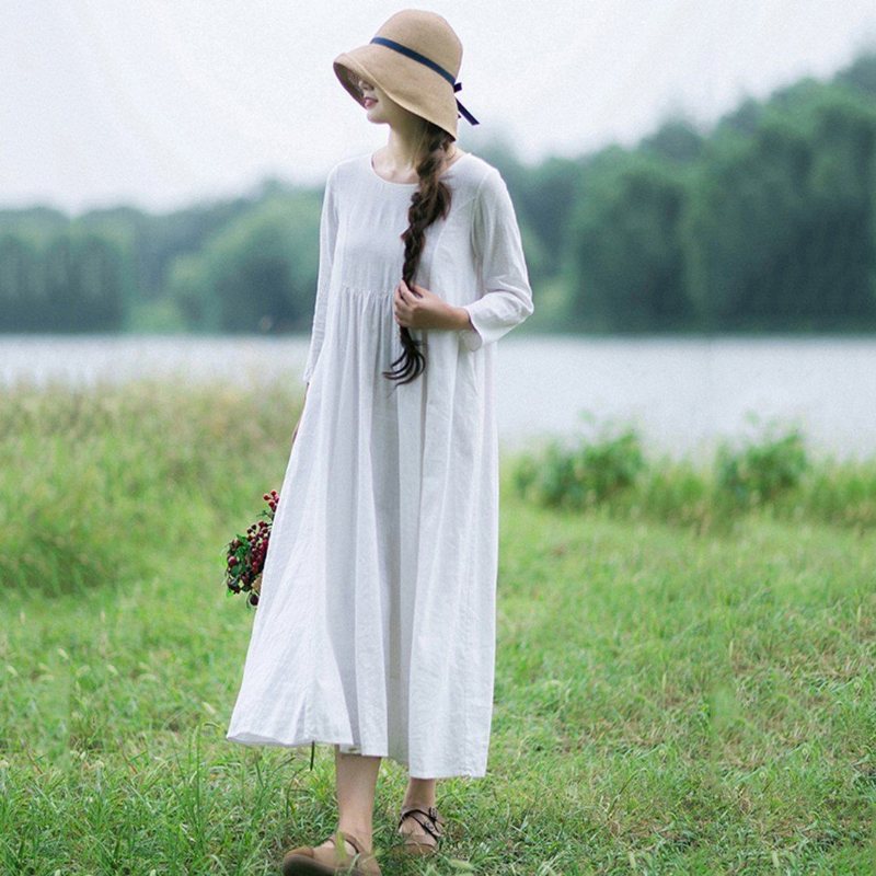 Rural Style Fashion Hvit Lin Langermet Kjole