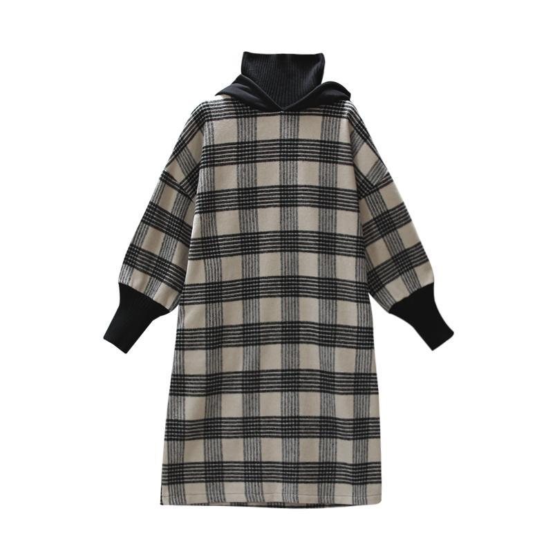 Rutet Turtleneck Tynn Ull Hette Løs Genser Kjole