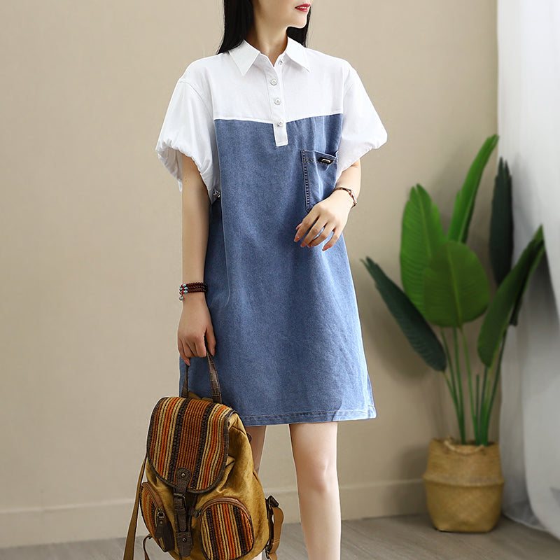 Sommer Løs Bomull Denim Patchwork Minikjole