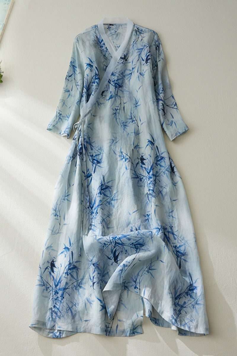 Sommer Løs Retro Bamboo Printed Linen Dress