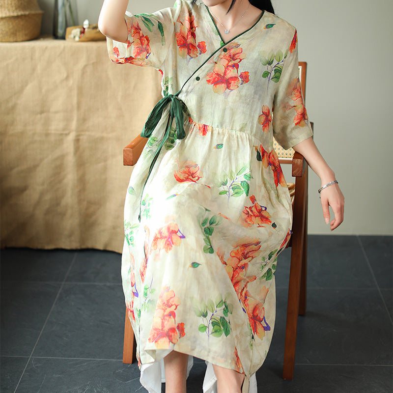 Sommer Løs Vintage Printed Linen Dress