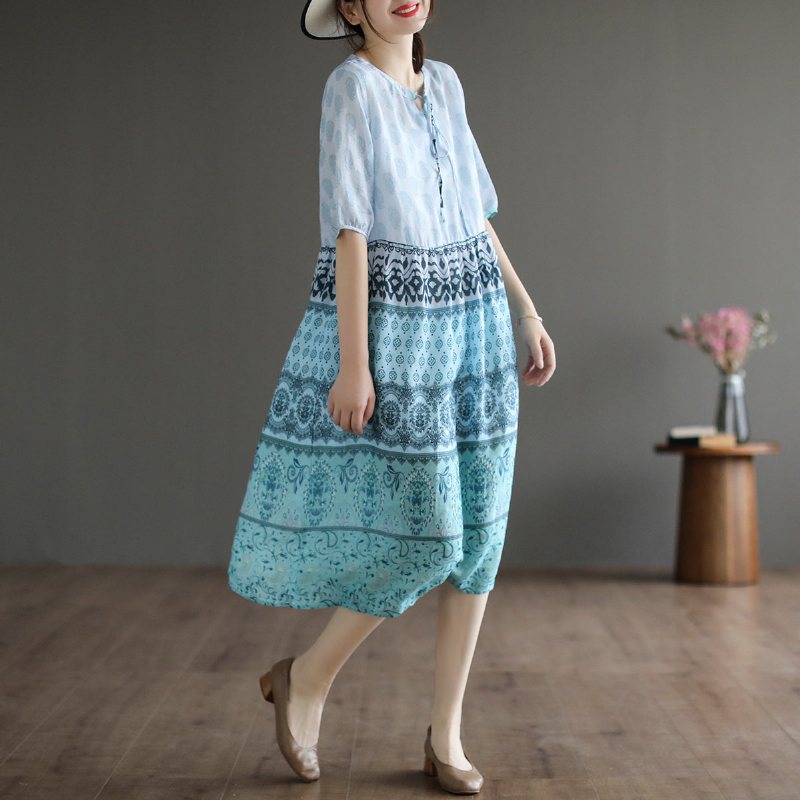 Sommer Retro Printed Lin Løs Kjole