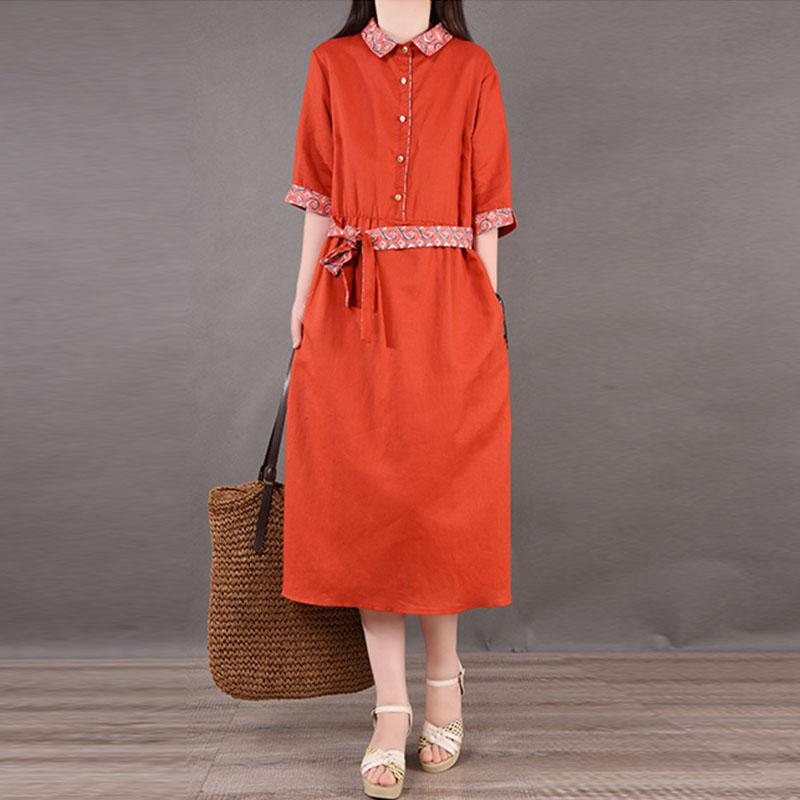 Spring Summer Lace-up Plus Size Cotton Lin Dress