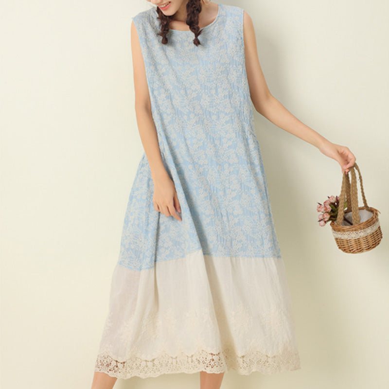 Summer Retro Floral Brodery Ermeløs Bomullslinkjole