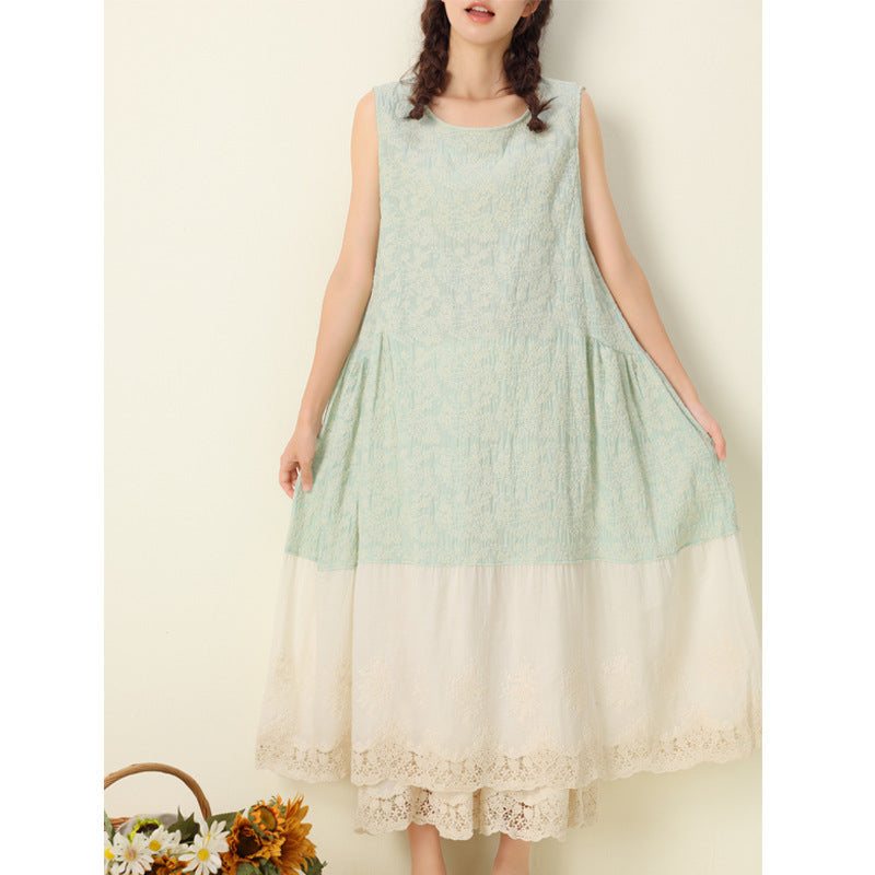 Summer Retro Floral Brodery Ermeløs Bomullslinkjole