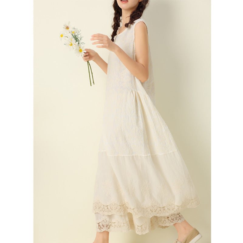 Summer Retro Floral Brodery Ermeløs Bomullslinkjole
