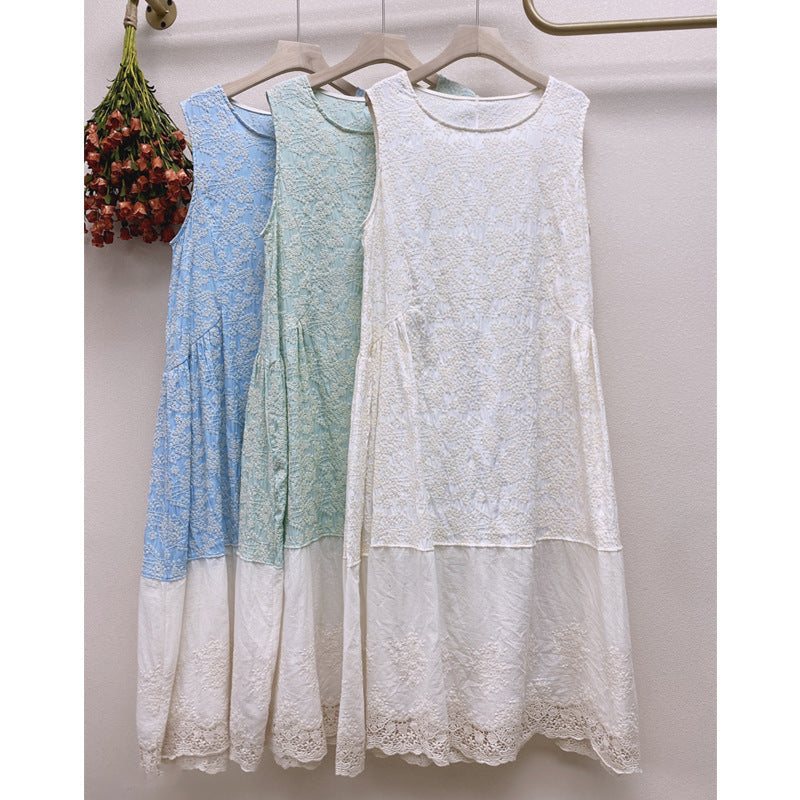 Summer Retro Floral Brodery Ermeløs Bomullslinkjole
