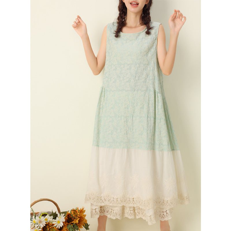 Summer Retro Floral Brodery Ermeløs Bomullslinkjole