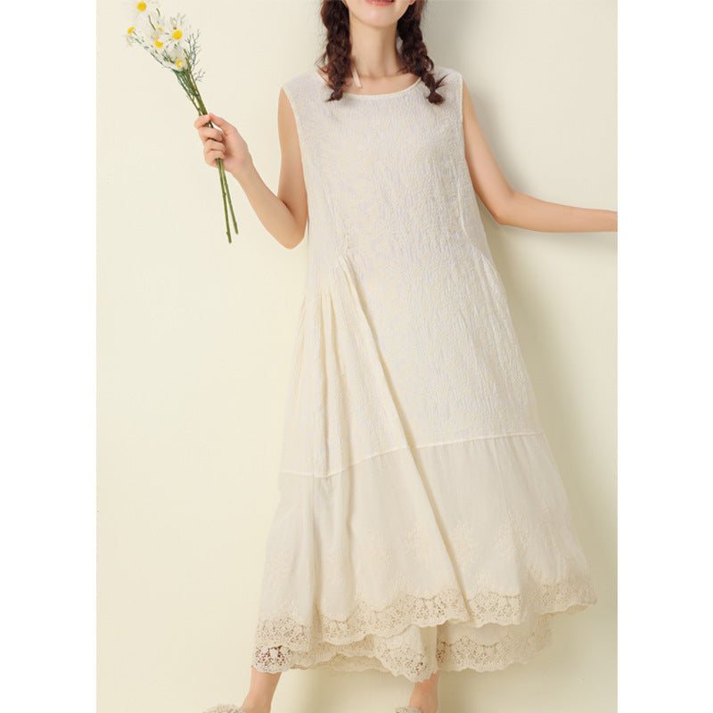 Summer Retro Floral Brodery Ermeløs Bomullslinkjole