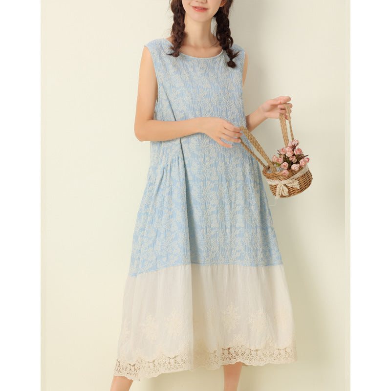 Summer Retro Floral Brodery Ermeløs Bomullslinkjole