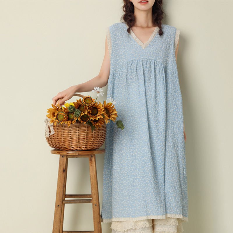 Summer Retro Floral Ermeløs V-hals Bomullskjole
