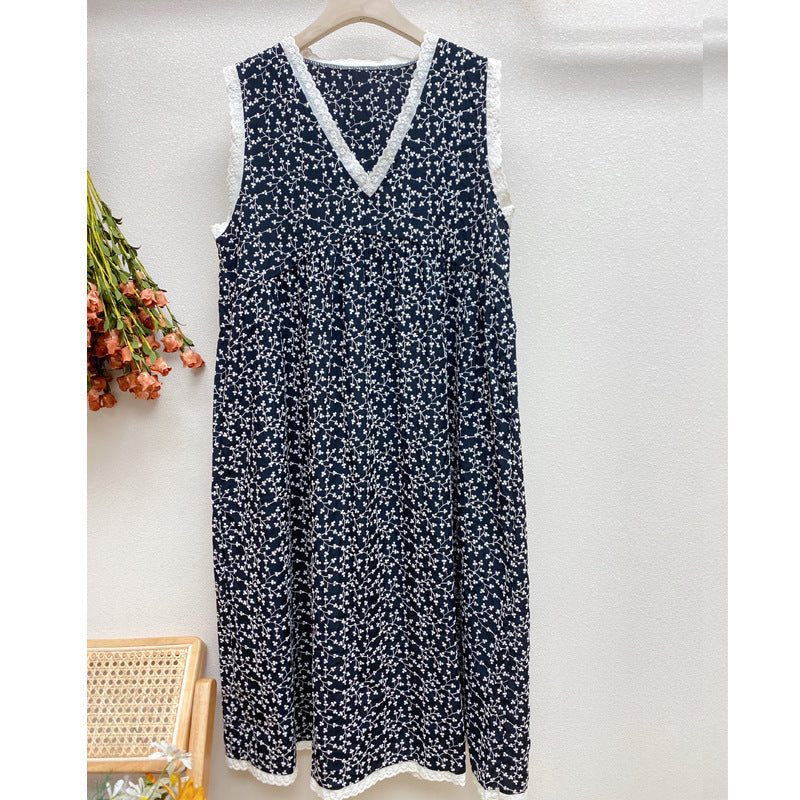 Summer Retro Floral Ermeløs V-hals Bomullskjole