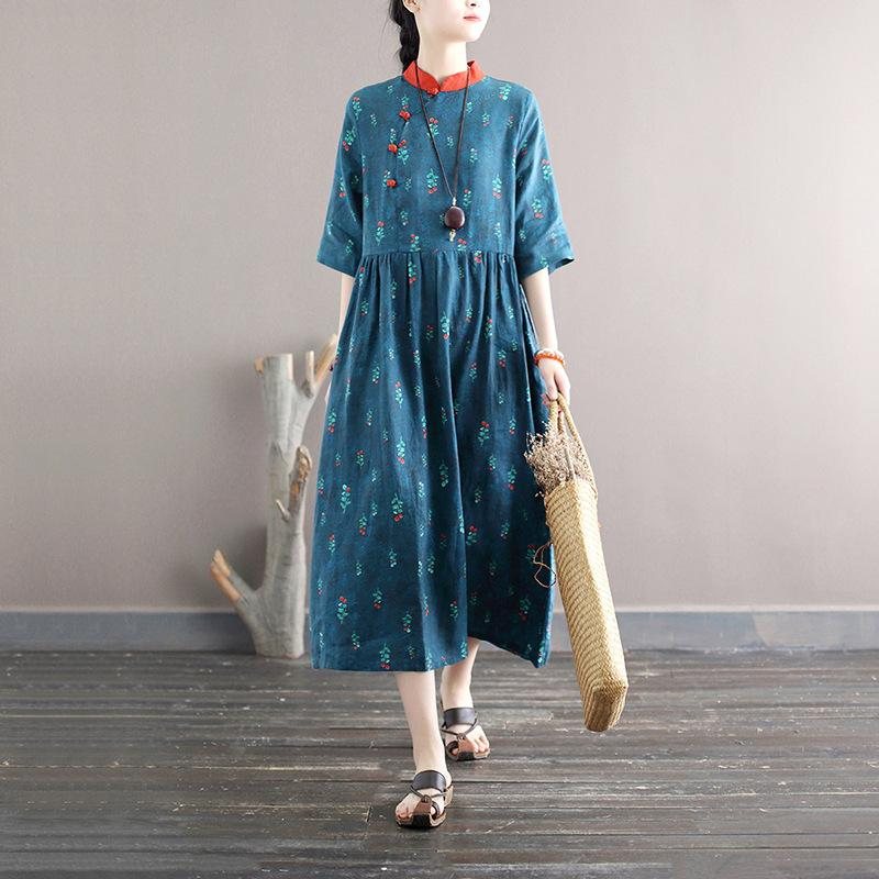 Summer Retro Plus Size Løs Lin Blomsterkjole