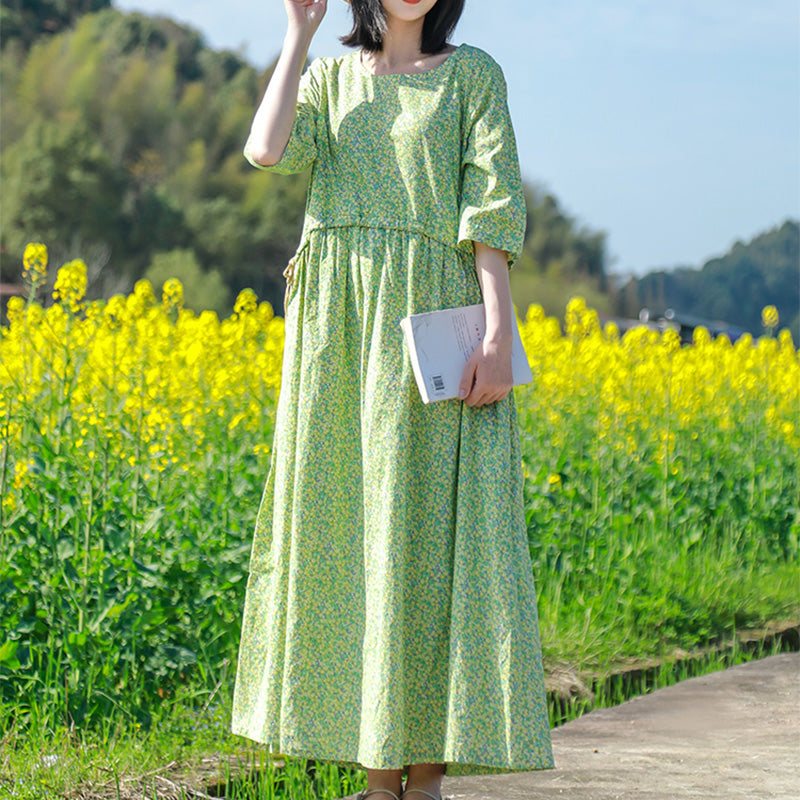 Summer Vintage Floral Cotton A-line Kjole